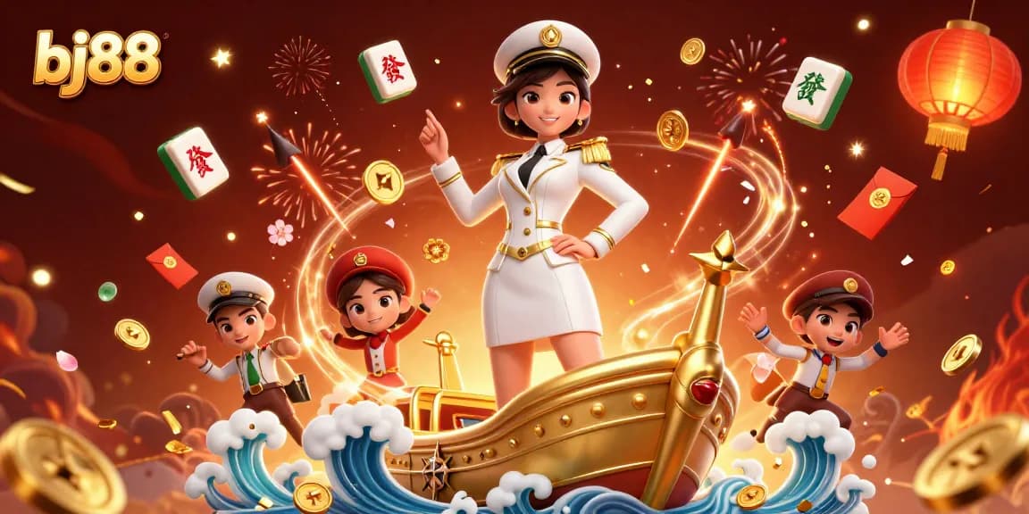 Experience the thrill of bj88 with an elegant naval officer in a dazzling casino scene filled with celebrations and game elements