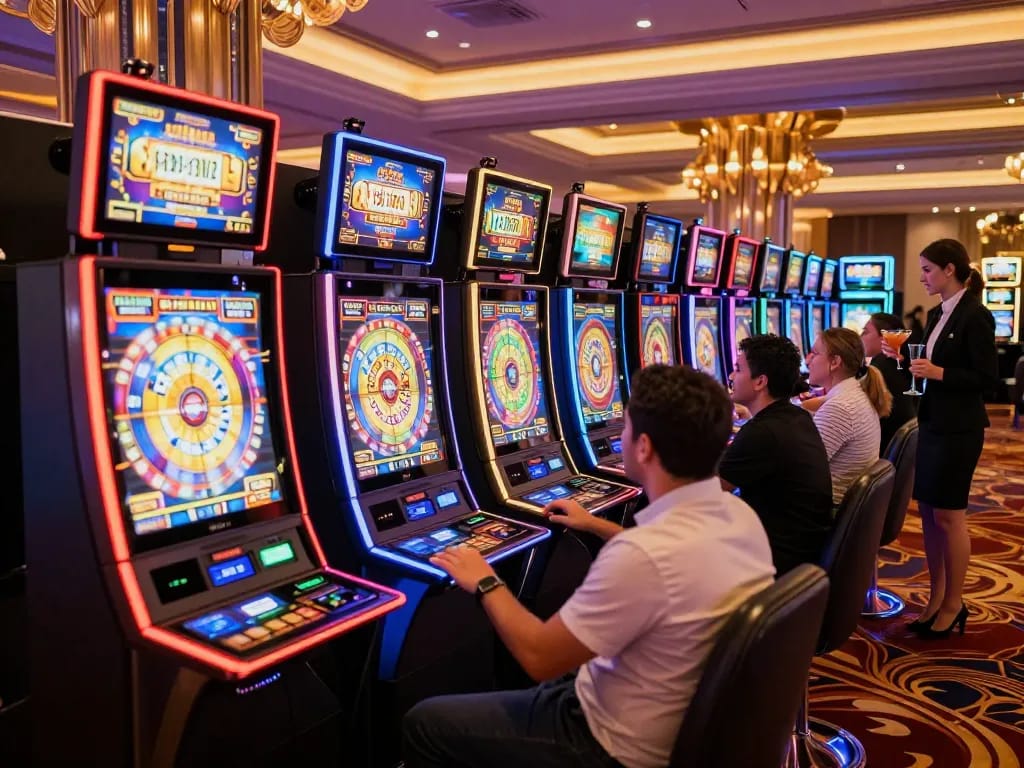 Players enjoying vibrant Pragmatic Slot machines with illuminated win screens at an upscale casino.