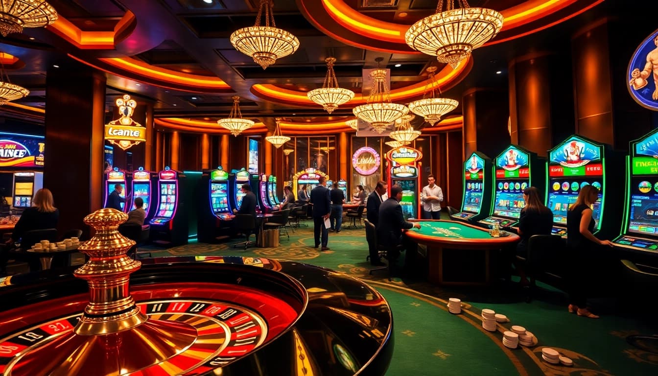 Experience thrilling gameplay at 6FF casino with vibrant roulette wheels and engaging poker players.