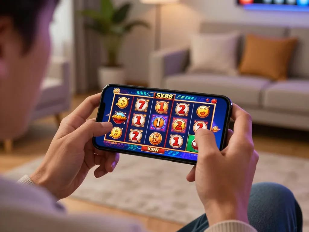 SX88 mobile gaming session with player celebrating a slots win in a cozy home setting