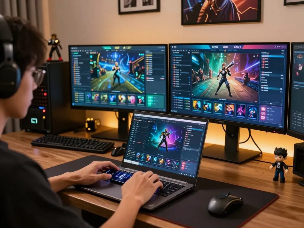Person engaged in esports betting singapore at home using multiple screens, showcasing popular titles and betting interfaces.