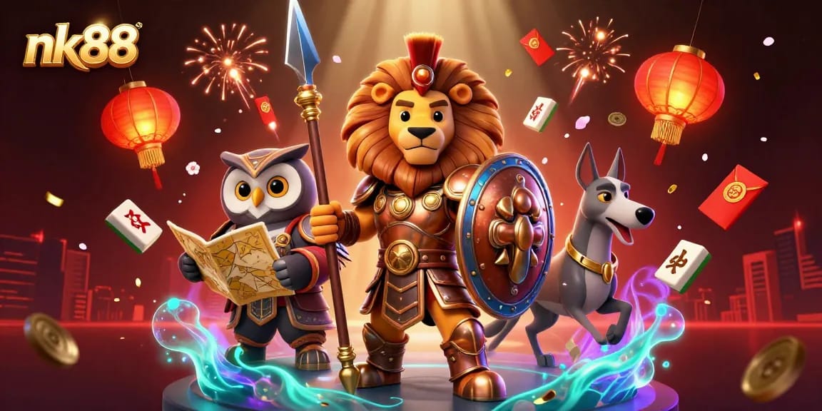 Experience nk88's dynamic gaming adventure with a Spartan lion, strategic owl, and swift greyhound surrounded by vibrant casino elements.