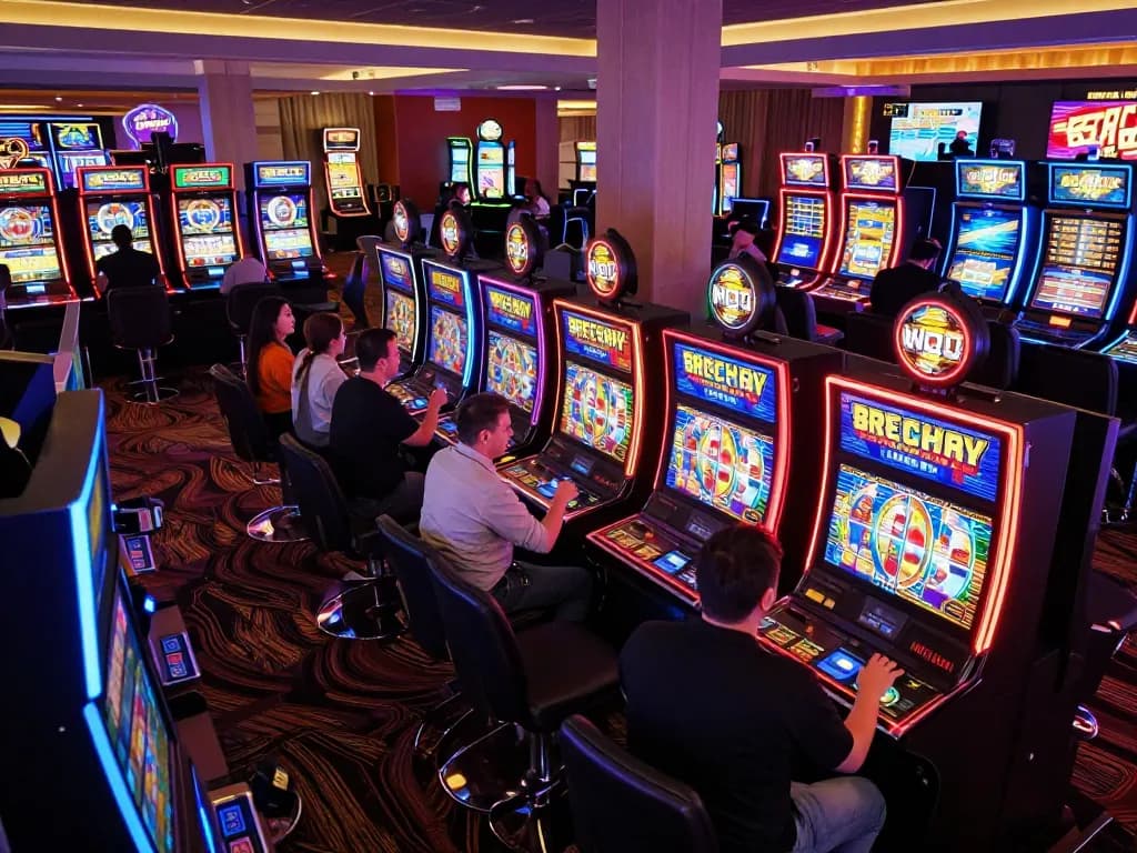 Players enjoying SC88 themed slot machines in a vibrant casino with engaging animations and neon lights.