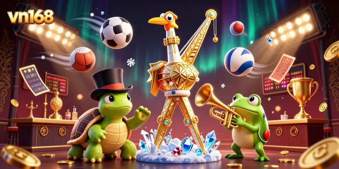 Engage in thrilling games at vn168, featuring dynamic cartoon characters and vibrant casino elements.