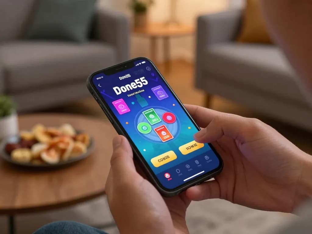 Player enjoying done55 mobile app gameplay on smartphone in a cozy living room, emphasizing responsible gaming.