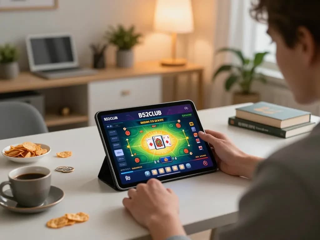 B52CLUB user enjoying an exhilarating online gaming experience on a tablet with vibrant graphics and strategic gameplay.