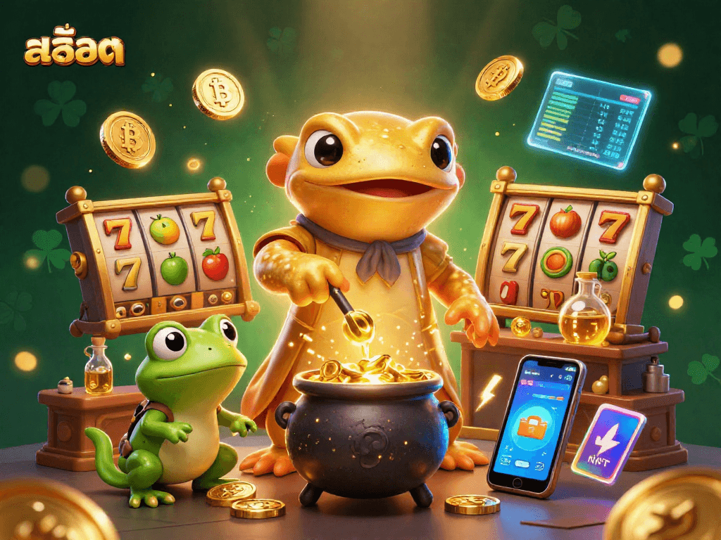 Engage with สล็อต in a vibrant casino scene showcasing a golden alchemist, gold coins, and slot reels.