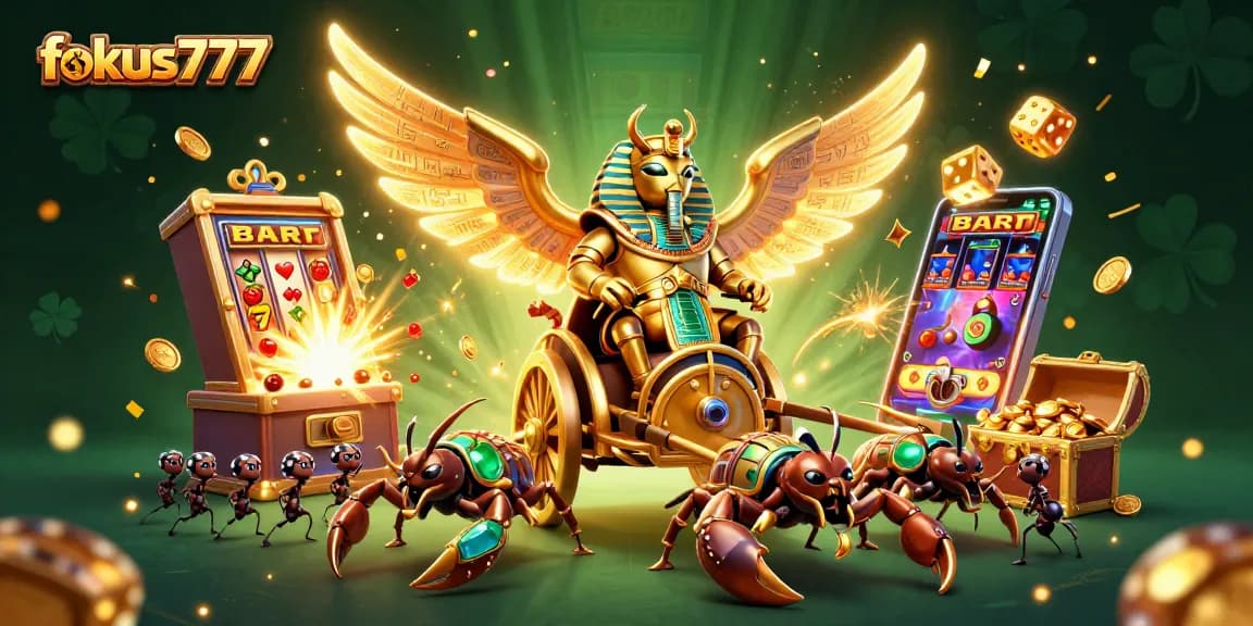 Engage with fokus777's vibrant games featuring a golden scarab beetle leading an exciting casino atmosphere with slot machines.