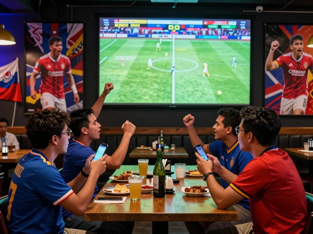 Fans enjoying Judi Bola betting during a live football match, cheering and engaging in the exciting atmosphere.