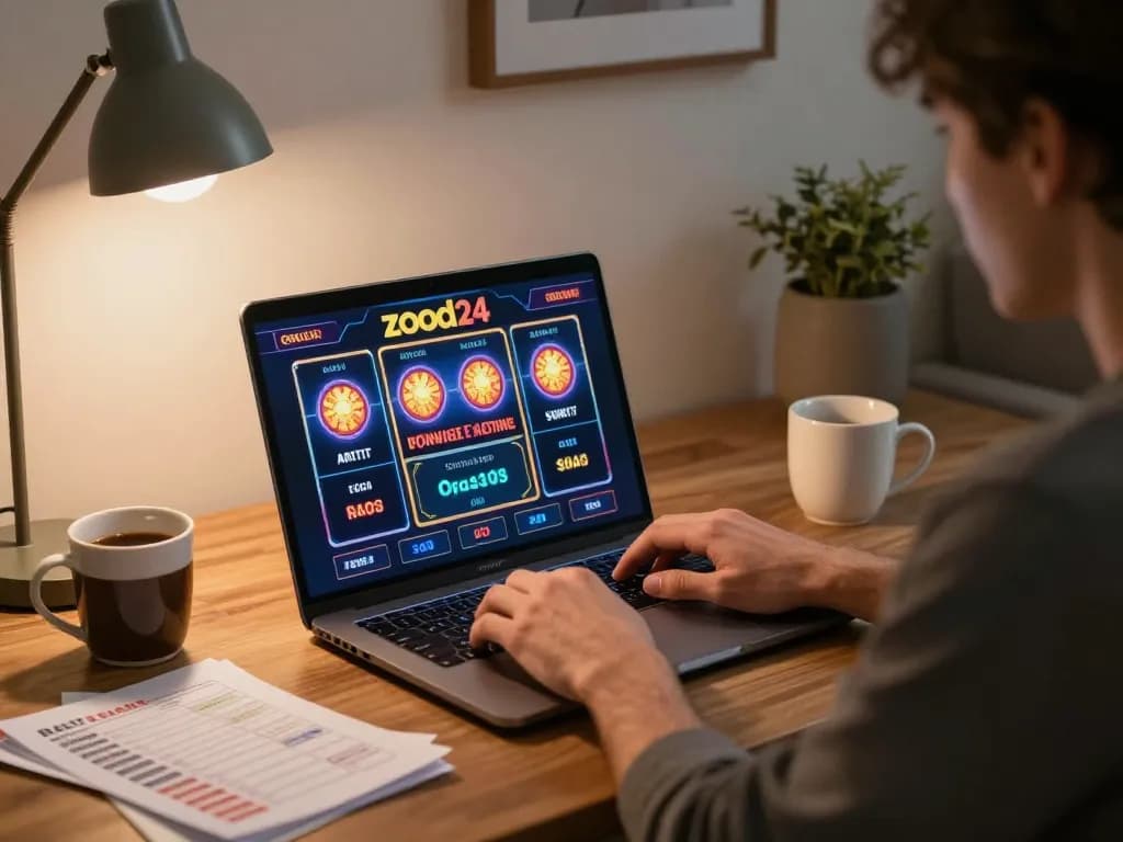 Engaging in online slots on zood24 from the comfort of home, demonstrating responsible gaming.
