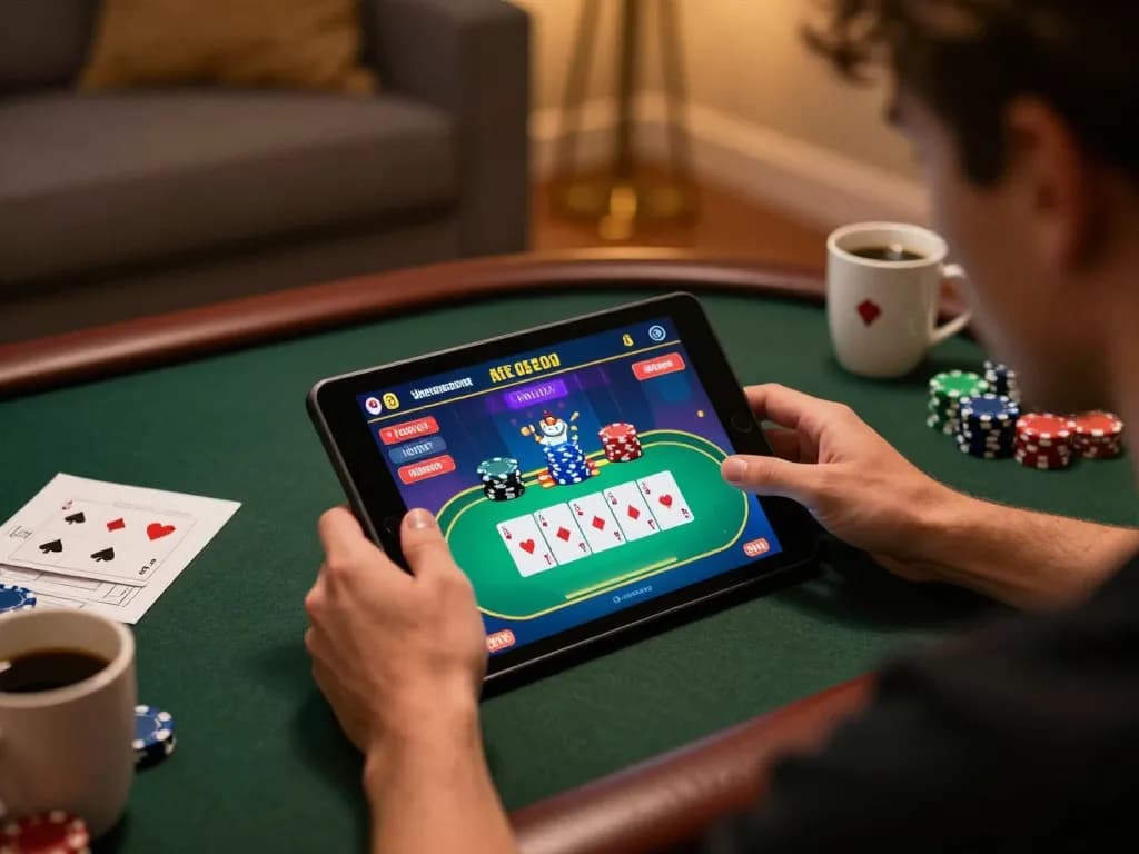 Playing poker online at home with 88vv app on tablet, cozy atmosphere and strategy notes nearby