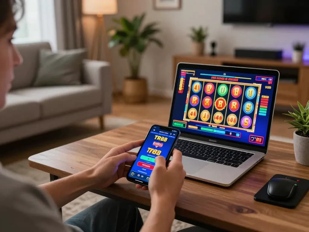 Engaging with TR88 casino app on smartphone while surrounded by a cozy home gaming setup.