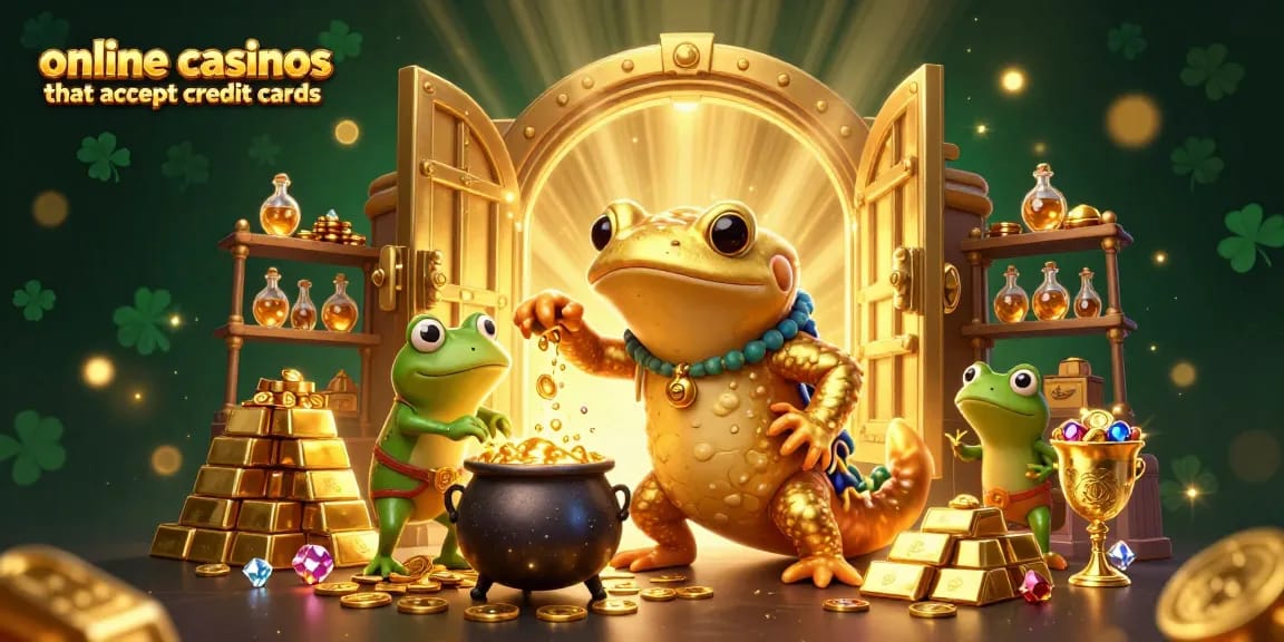 Engaging scene of online casinos that accept credit cards with a playful golden salamander alchemist and frog.