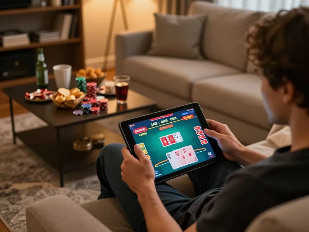 Pemain yang terlibat menikmati permainan poker SN2121 di tablet dalam suasana rumah yang nyaman, menampilkan pengalaman perjudian online.