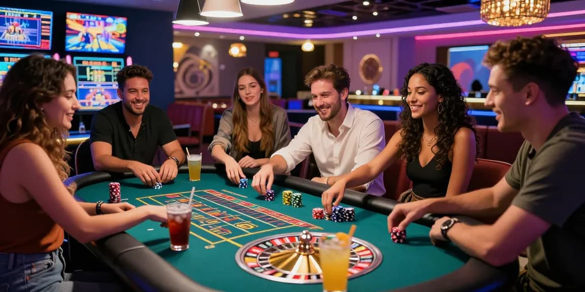 Exciting casino scene with friends enjoying games at AA88.com, vibrant atmosphere and lively decor.