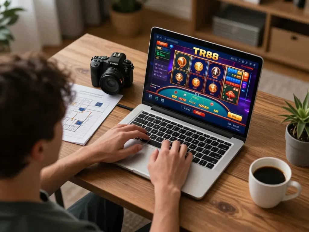 Engaging player at TR88 online casino, focused on gaming strategy with vibrant screen interface.