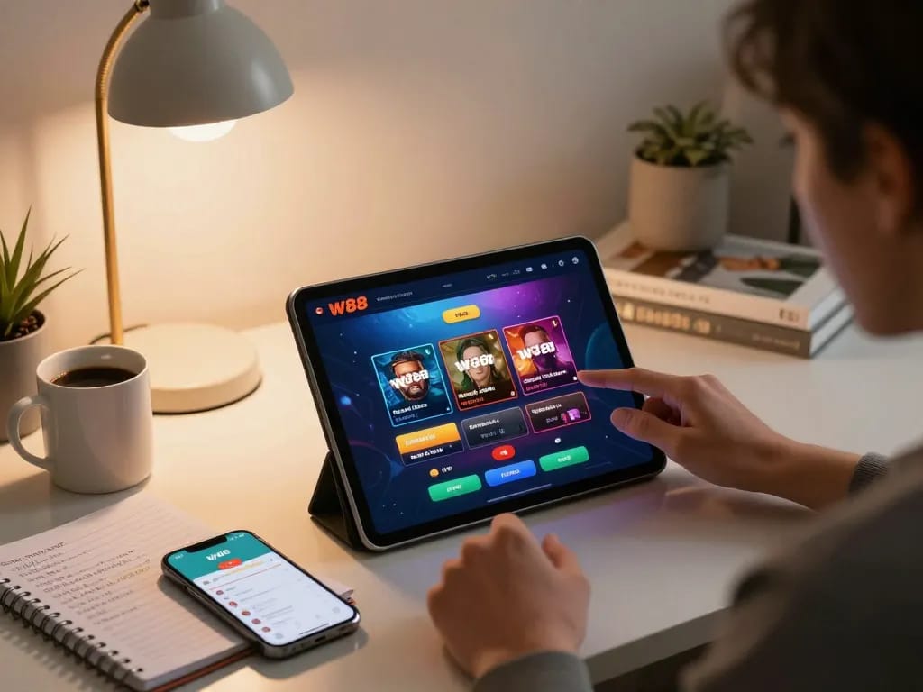 Engaging with the W88 casino app on a tablet in a cozy home setup, showcasing strategic betting.