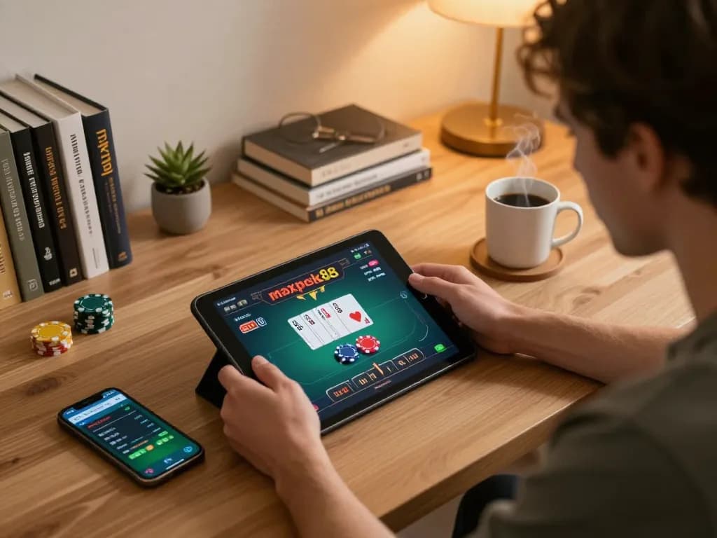 Engaged player navigating maxpoker88 poker interface on tablet in a cozy home setting.