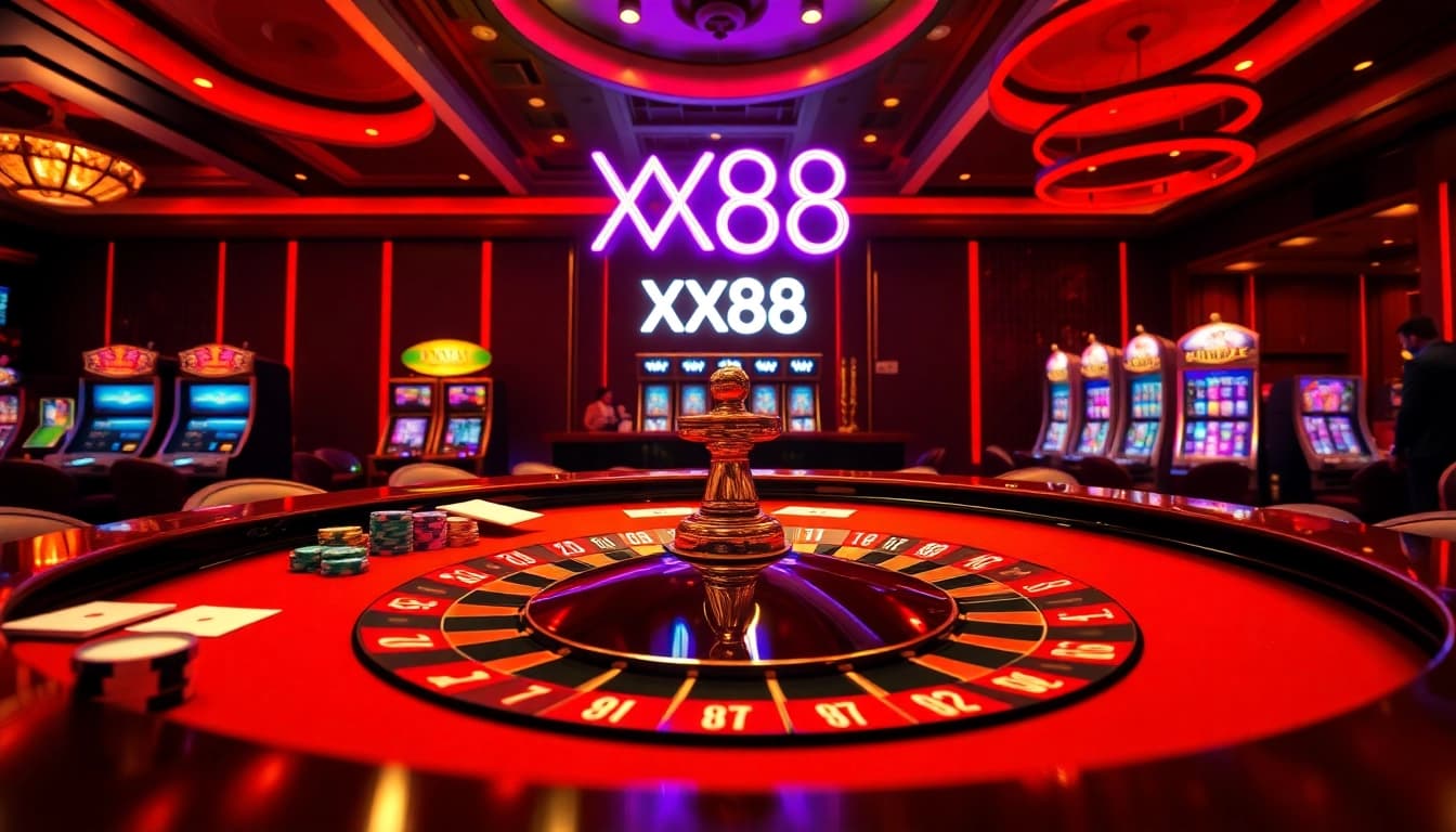 Experience thrilling gameplay at the XX88 casino, featuring exciting roulette and vibrant poker tables.