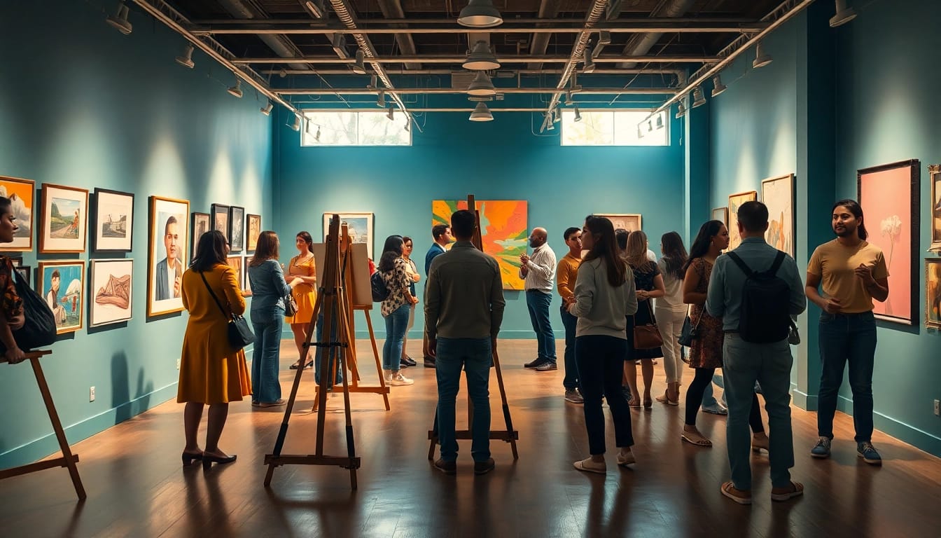 La galería de arte vibrante de Antidogma.mx con visitantes que aprecian el arte contemporáneo.