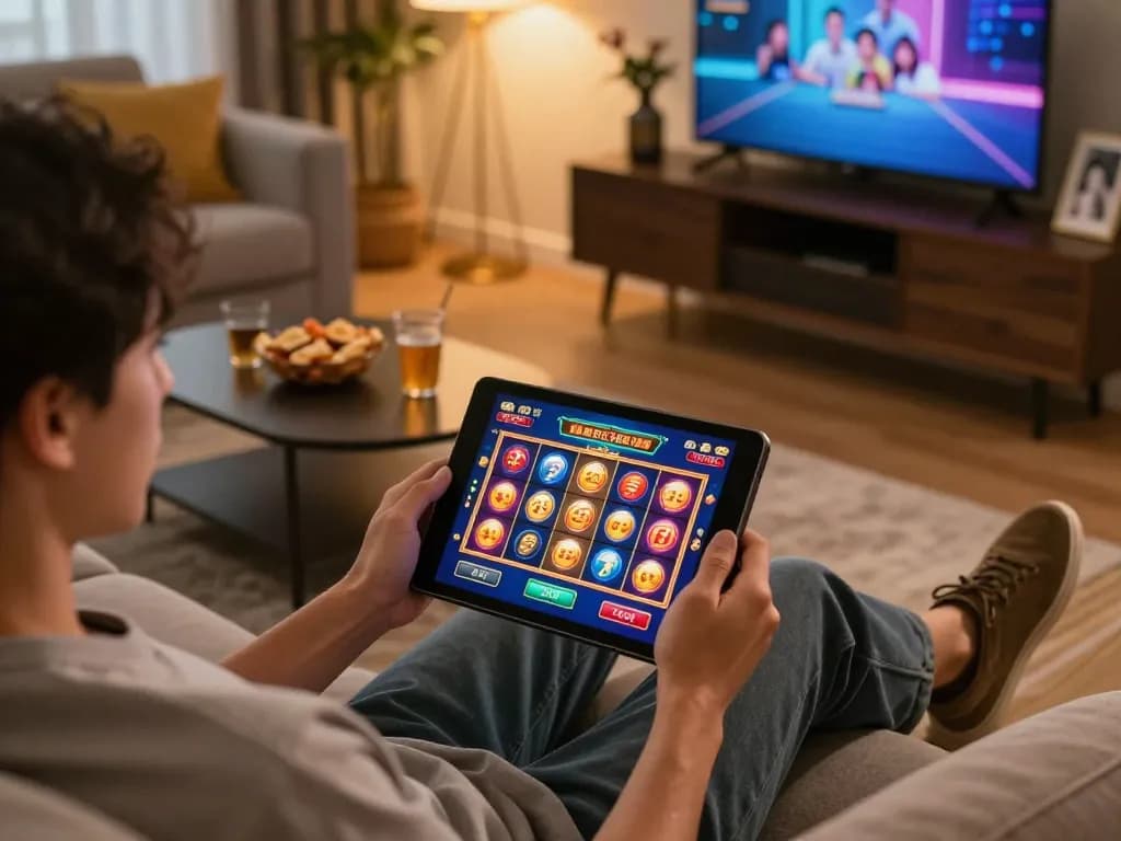 vt88 player enjoying online slots on tablet in cozy living room setting