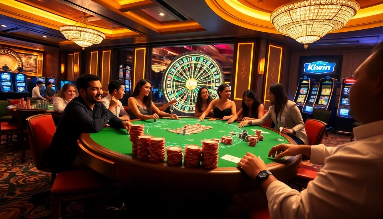 Kkwin poker table brimming with excitement and luxury in a vibrant casino atmosphere.