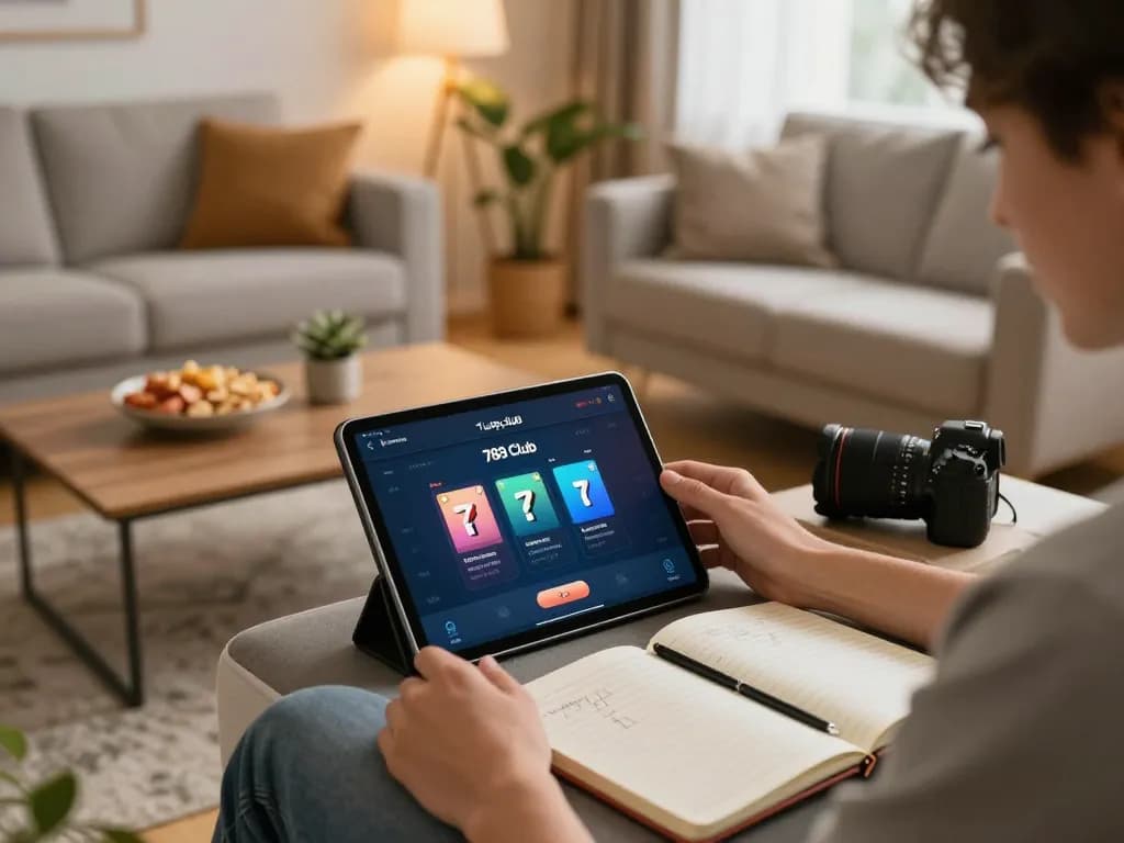 Engaging in 789 club gameplay on a tablet in a cozy home setting with snacks and strategy notes