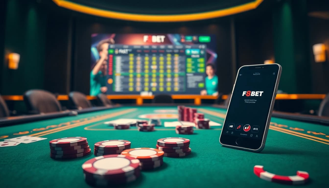 F8BET casino gaming scene showcasing vibrant chips and cards.