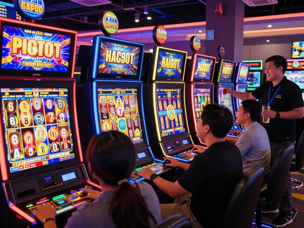 Momenter menggembirakan di kasino online yang semarak dengan pemain yang terlibat dalam permainan slot online gacor, merayakan kemenangan.