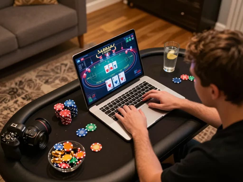 Engaged player strategizing during an online poker game at home on 789club, showcasing focused gameplay.