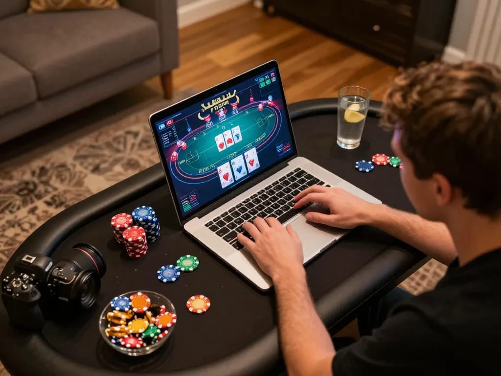 Engaged player strategizing during an online poker game at home on 789club, showcasing focused gameplay.