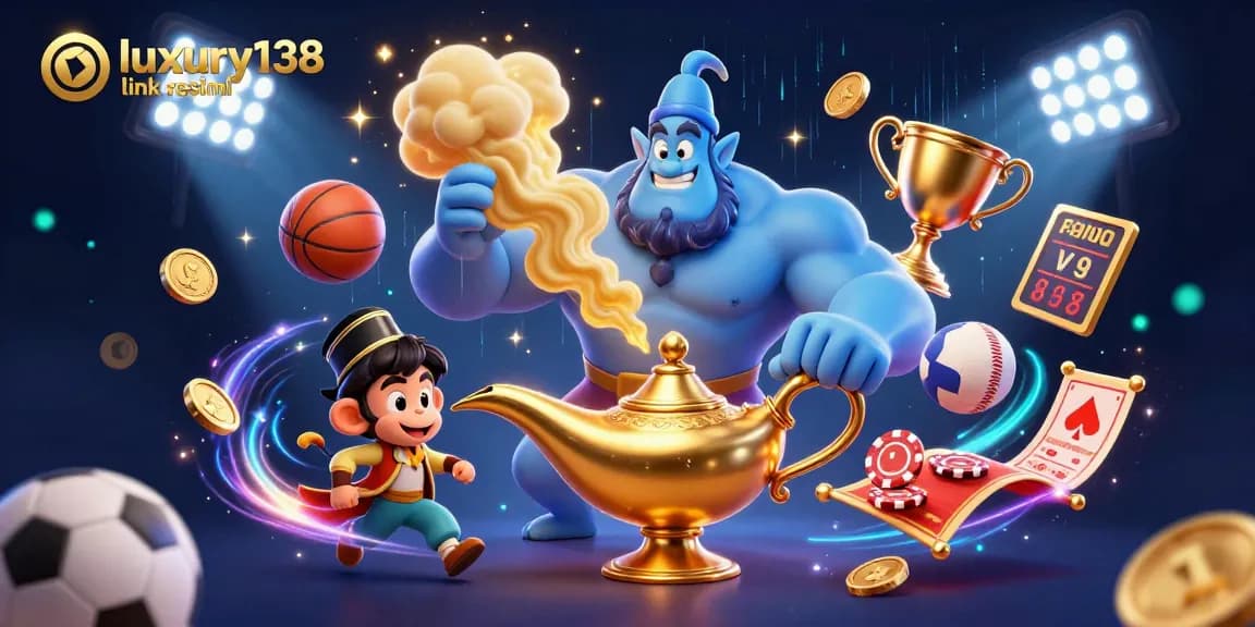 Engage in thrilling betting experiences on luxury138 link resmi with a dynamic casino illustration featuring a genie, monkey, and poker chips.