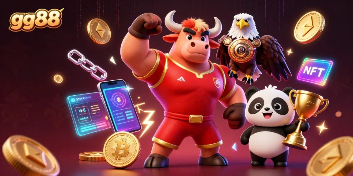 Engage with GG88 in this vibrant 3D illustration showcasing a bull, eagle, and panda in a casino atmosphere, celebrating big wins.