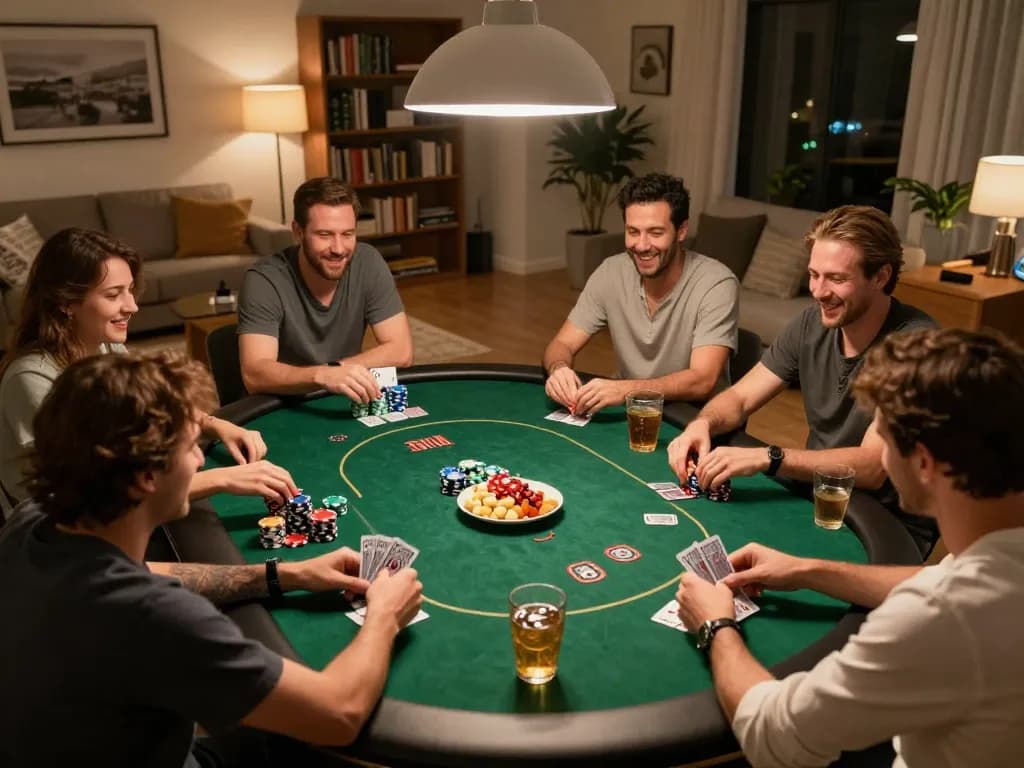 Players enjoying a memorable poker night while engaging with https://rikbet.global/ in a comfortable home setting.