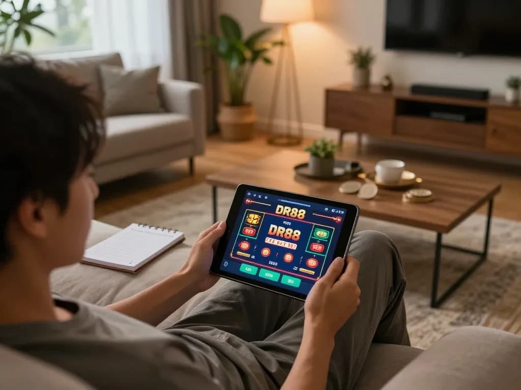 Engaging in online gambling on DR88 tablet in a cozy living room setting