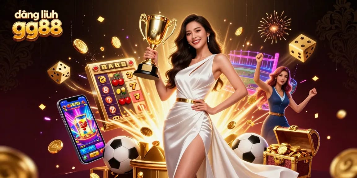 Experience victory and excitement with đăng nhập gg88 in this vibrant casino scene featuring a stunning woman and abundant gaming elements.