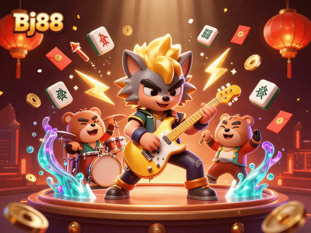 Bj88 features a vibrant casino scene with a rock star wolf and drummer bear surrounded by mahjong tiles.