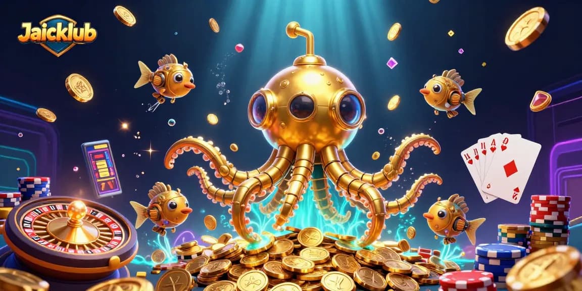 Jaiclub adventure in a vibrant casino scene filled with gold coins and card games.