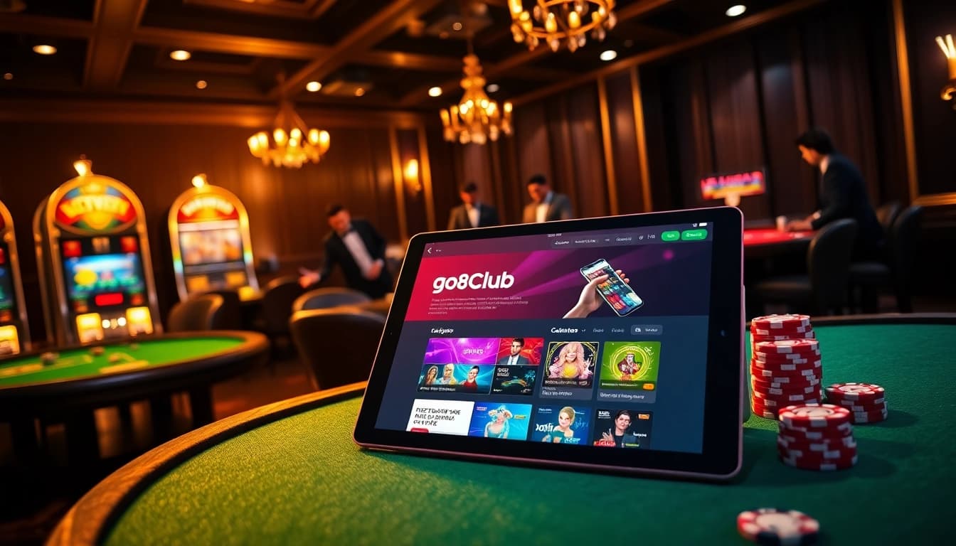 Engage with the go88club page on a tablet amidst a lively casino atmosphere featuring poker tables and slot machines.