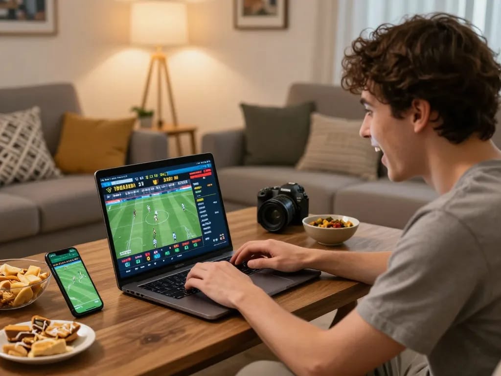 Jun88 user placing bets on laptop, enjoying a thrilling online gambling experience
