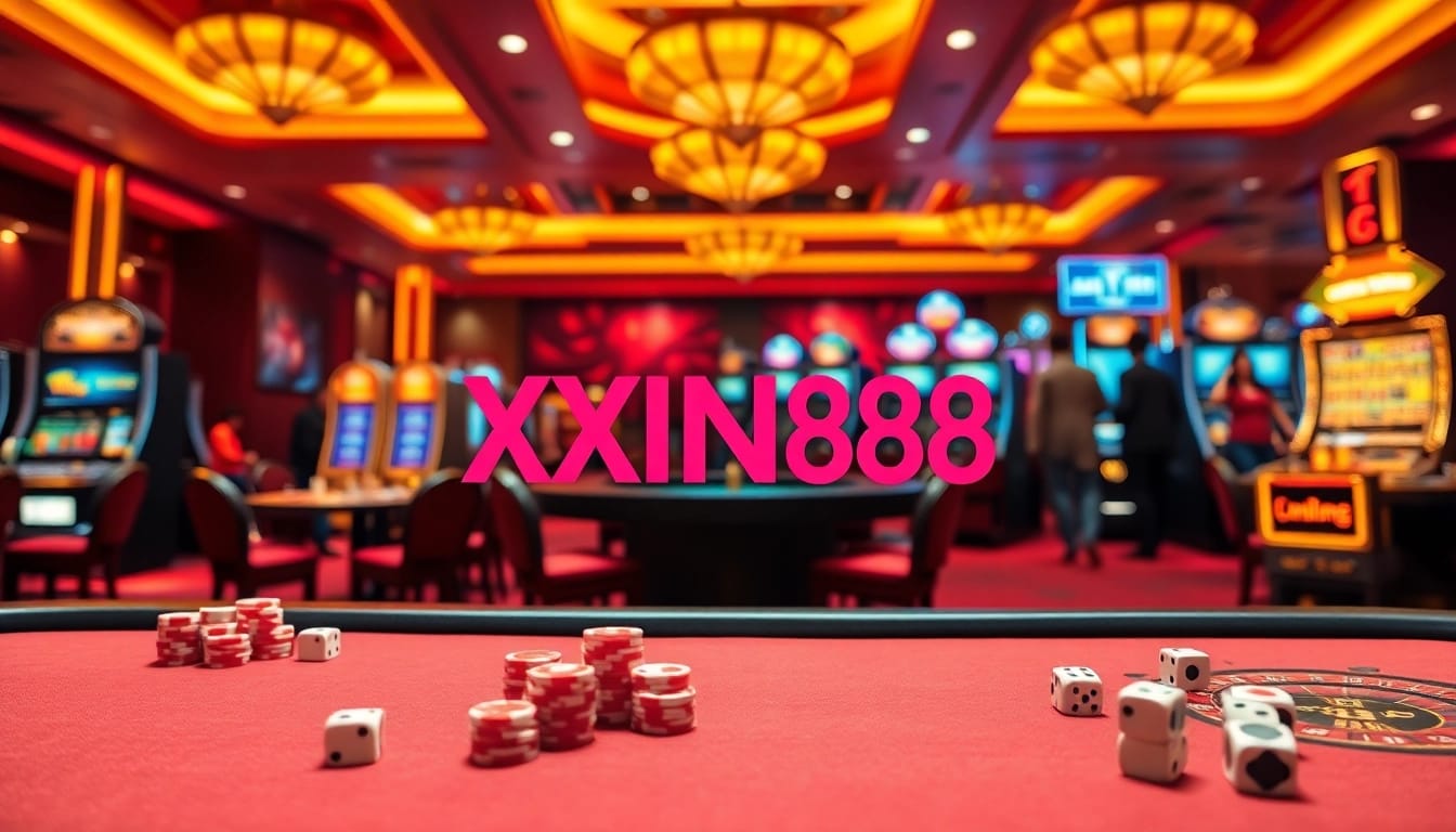 Cổng Game XIN88 offers an exciting atmosphere with vibrant casino scenes featuring poker action and slot machines.