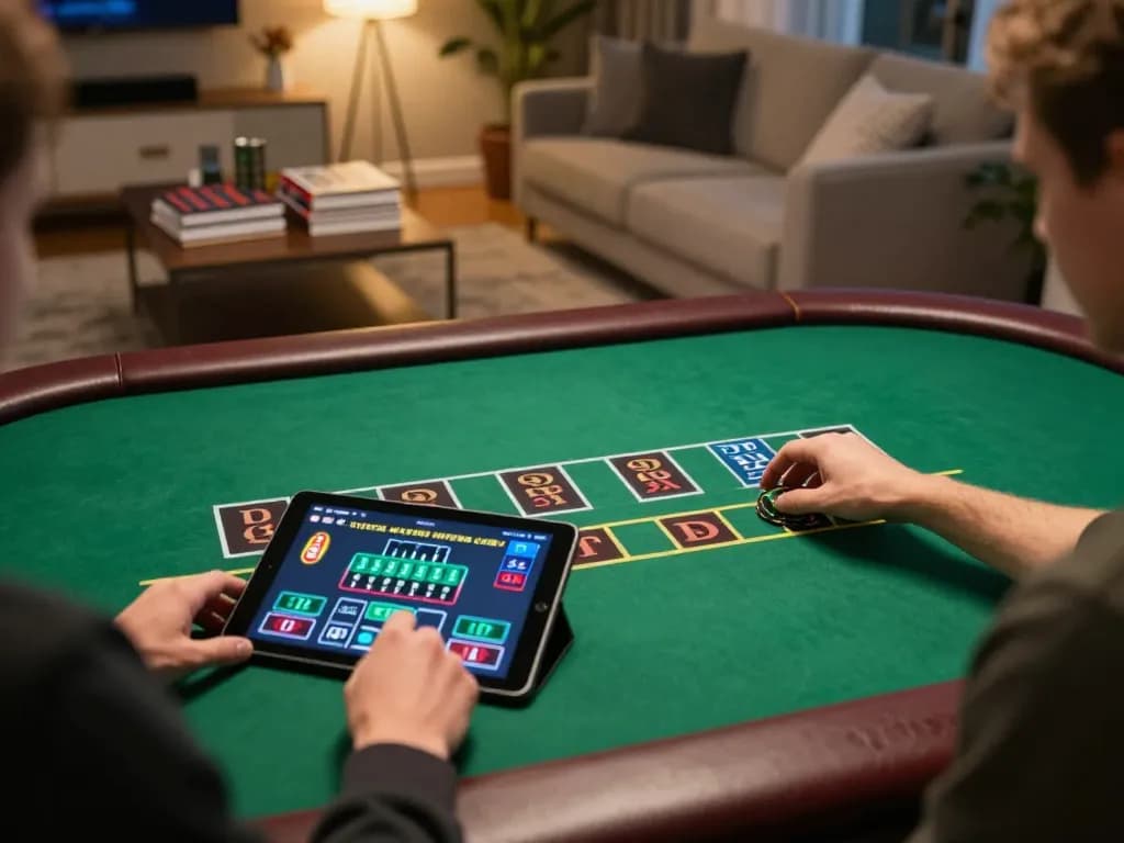 Engaging in pragmatic blackjack gameplay on a tablet in a stylish living room