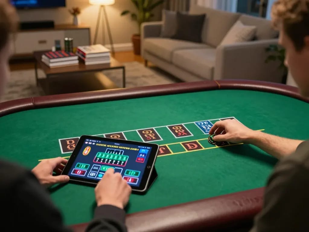 Engaging in pragmatic blackjack gameplay on a tablet in a stylish living room