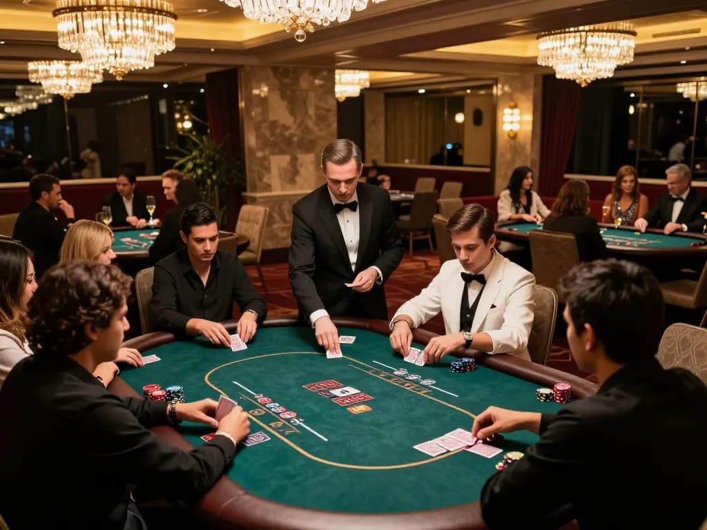 iWin players enjoying a high-stakes poker game in a luxurious casino setting with sophisticated ambiance