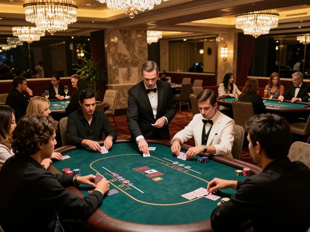 iWin players enjoying a high-stakes poker game in a luxurious casino setting with sophisticated ambiance