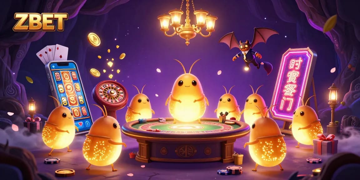ZBET offers a vibrant casino experience with glowworms illuminating gaming elements and a bat dealer.