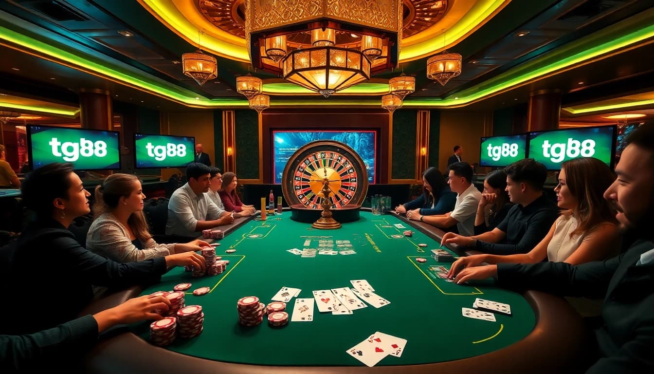 Experience thrilling poker excitement at tg88 with vibrant chips, cards, and a roulette wheel.