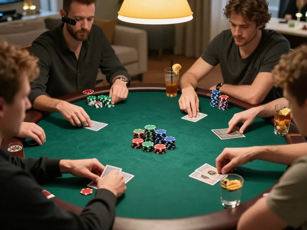Engaging poker night scene highlighting Quyền riêng tư in gameplay with friends, warm cozy atmosphere, strategic decisions visible.