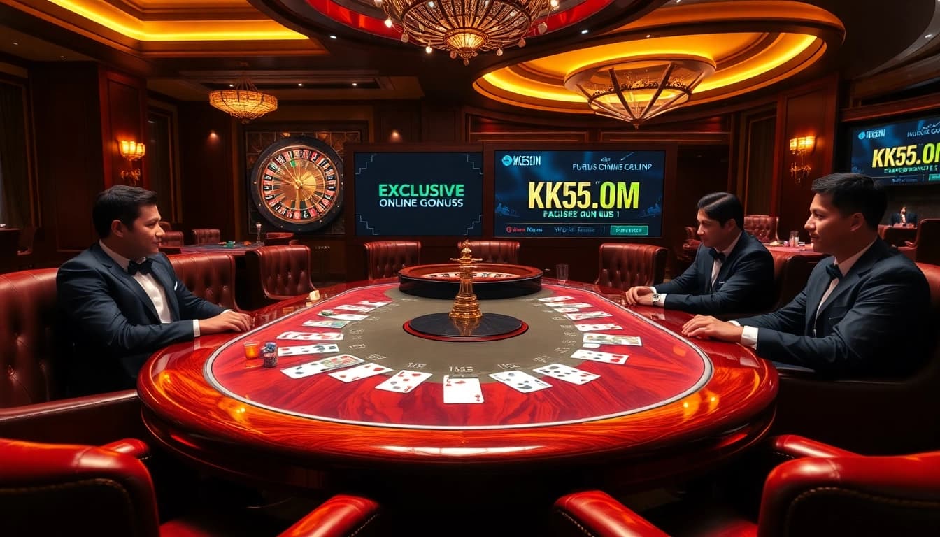 Experience the thrill of high-stakes poker at KK55.com, featuring vibrant chips and exciting gameplay.