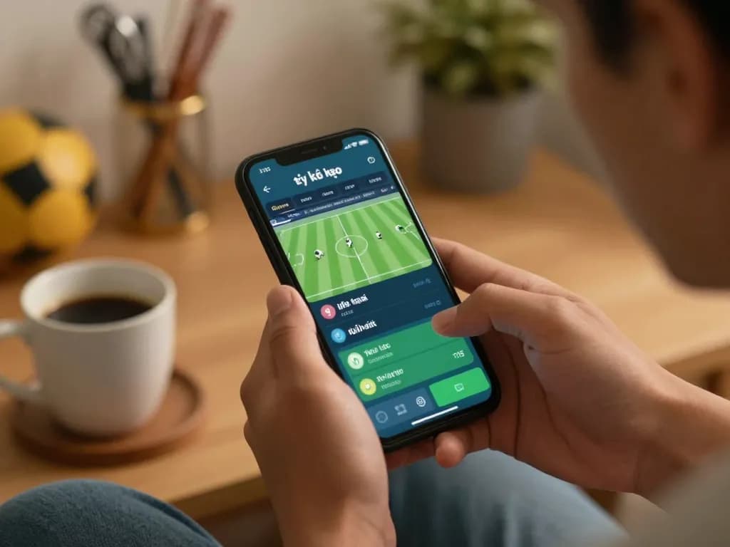 Engaged bettor checking tỷ lệ kèo nhà cái on smartphone during a live football match.